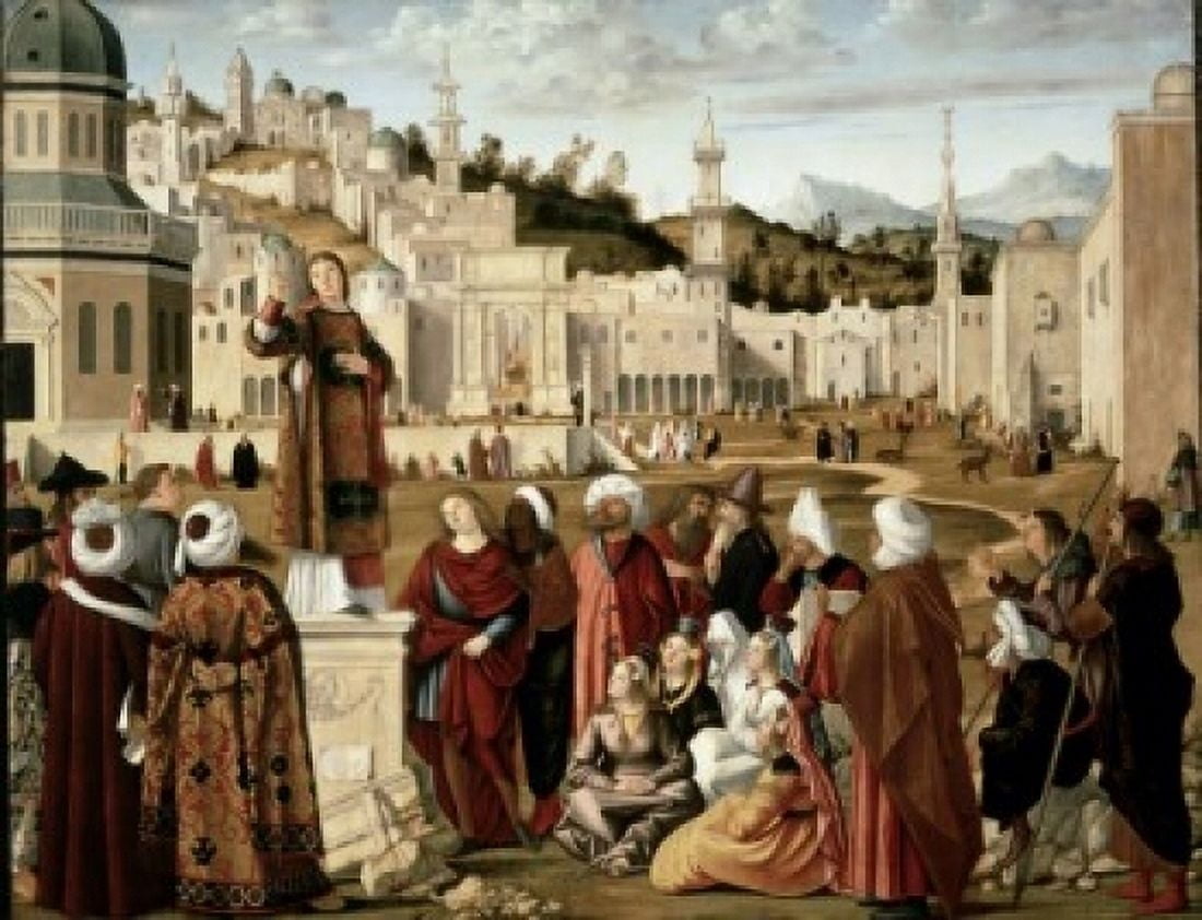St Stephen Preaching at Jerusalem Vittore Carpaccio (c 1460-1526 Italian) Musee du Louvre Paris Canvas Art - Vittore Carpaccio (24 x 36)