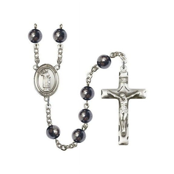 St. Stephen the Martyr Silver-Plated Rosary 8mm Hematite Beads Crucifix Size 1 3/4 x 1 medal charm