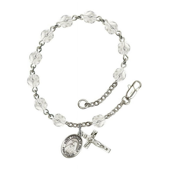 St. Teresa of Avila Silver Plate Rosary Bracelet 6mm April Crystal Fire Polished Beads Crucifix Size 5/8 x 1/4 medal charm
