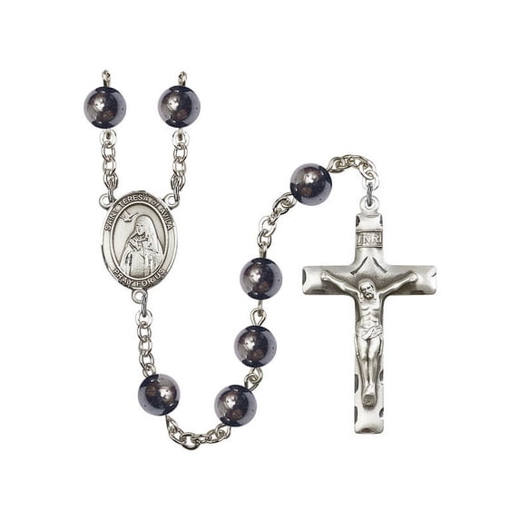 St. Teresa of Avila Silver-Plated Rosary 8mm Hematite Beads Crucifix Size 1 3/4 x 1 medal charm