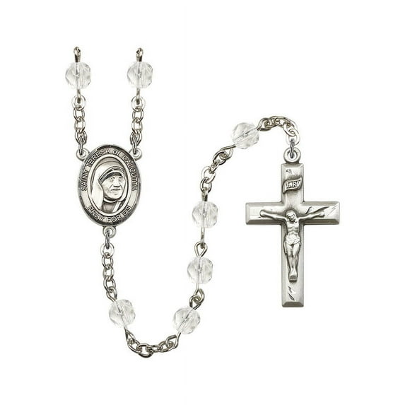 St. Teresa of Calcutta Silver-Plated Rosary 6mm April Crystal Fire Polished Beads Crucifix Size 1 3/8 x 3/4 medal charm