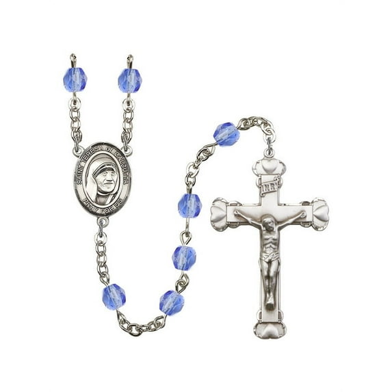 St. Teresa of Calcutta Silver-Plated Rosary 6mm September Blue Fire Polished Beads Crucifix Size 1 5/8 x 1 medal charm