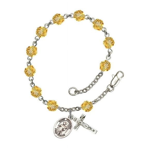 St. Theodore Stratelates Silver Plate Rosary Bracelet 6mm November Yellow Fire Polished Beads Crucifix Size 5/8 x 1/4 medal