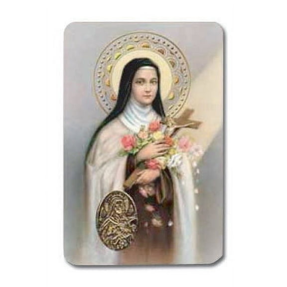St. Theresa Laminated Catholic Prayer Holy Card with Medal and Prayer on Back