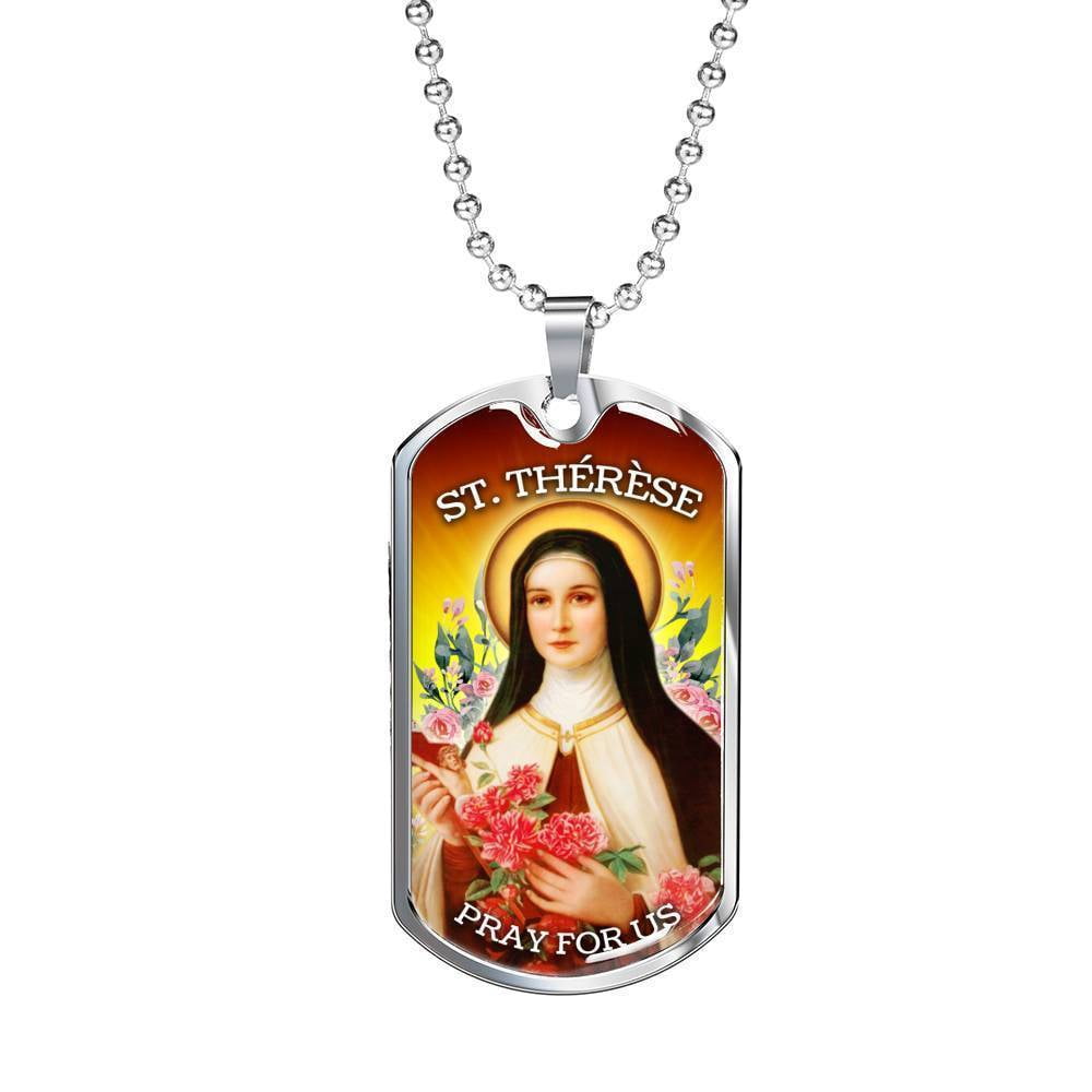 St. Therese Catholic Dog Tag Necklace Stainless Steel 24" Chain Silver ...