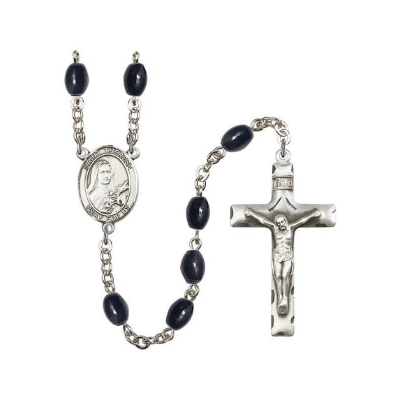 St. Therese of Lisieux Silver-Plated Rosary 8x6mm Black Onyx Beads Crucifix Size 1 3/4 x 1 medal charm