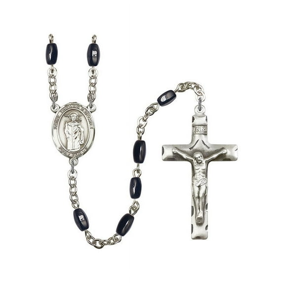 St. Thomas A Becket Silver-Plated Rosary 8x5mm Black Onyx Beads Crucifix Size 1 3/4 x 1 medal charm
