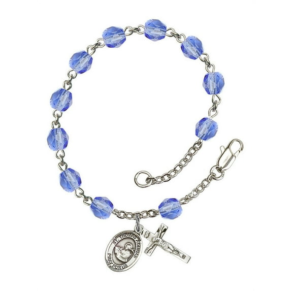 St. Thomas Aquinas Silver Plate Rosary Bracelet 6mm September Blue Fire Polished Beads Crucifix Size 5/8 x 1/4 medal charm