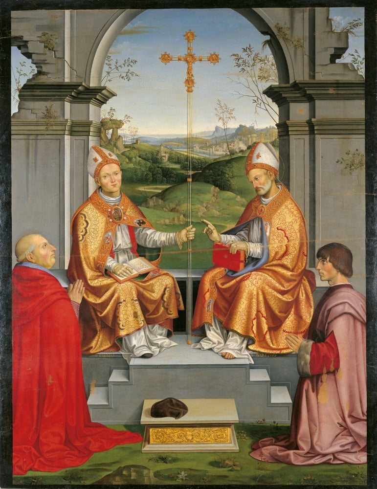 St Thomas Becket And St Martin With Bishop Giovanni Pietro Arrivabene And Duke Guidubaldo Canvas Art - (18 x 24)