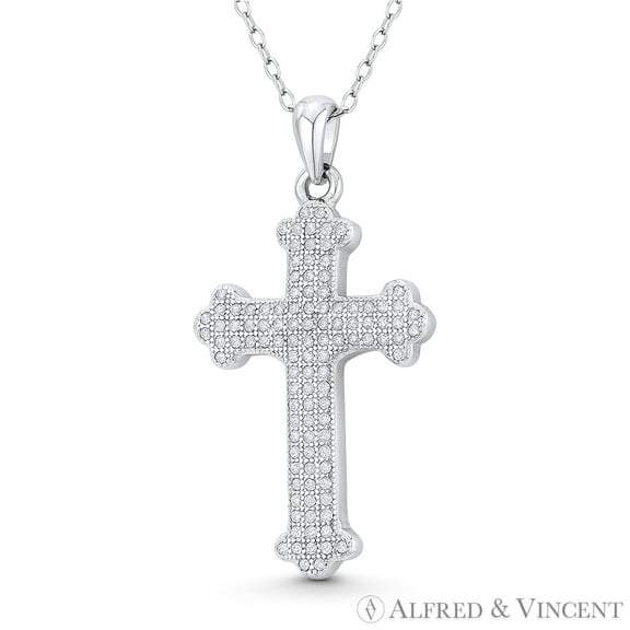 St. Thomas Budded Cathedral Cross Cubic Zirconia CZ Crystal Pave 37x19mm (1.5x0.75in) Pendant & Chain Necklace in .925 Sterling Silver w/ Rhodium