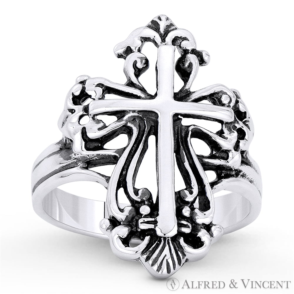 St. Thomas & Latin Cross Religious Charm Wide Ring in Oxidized .925 Sterling Silver
