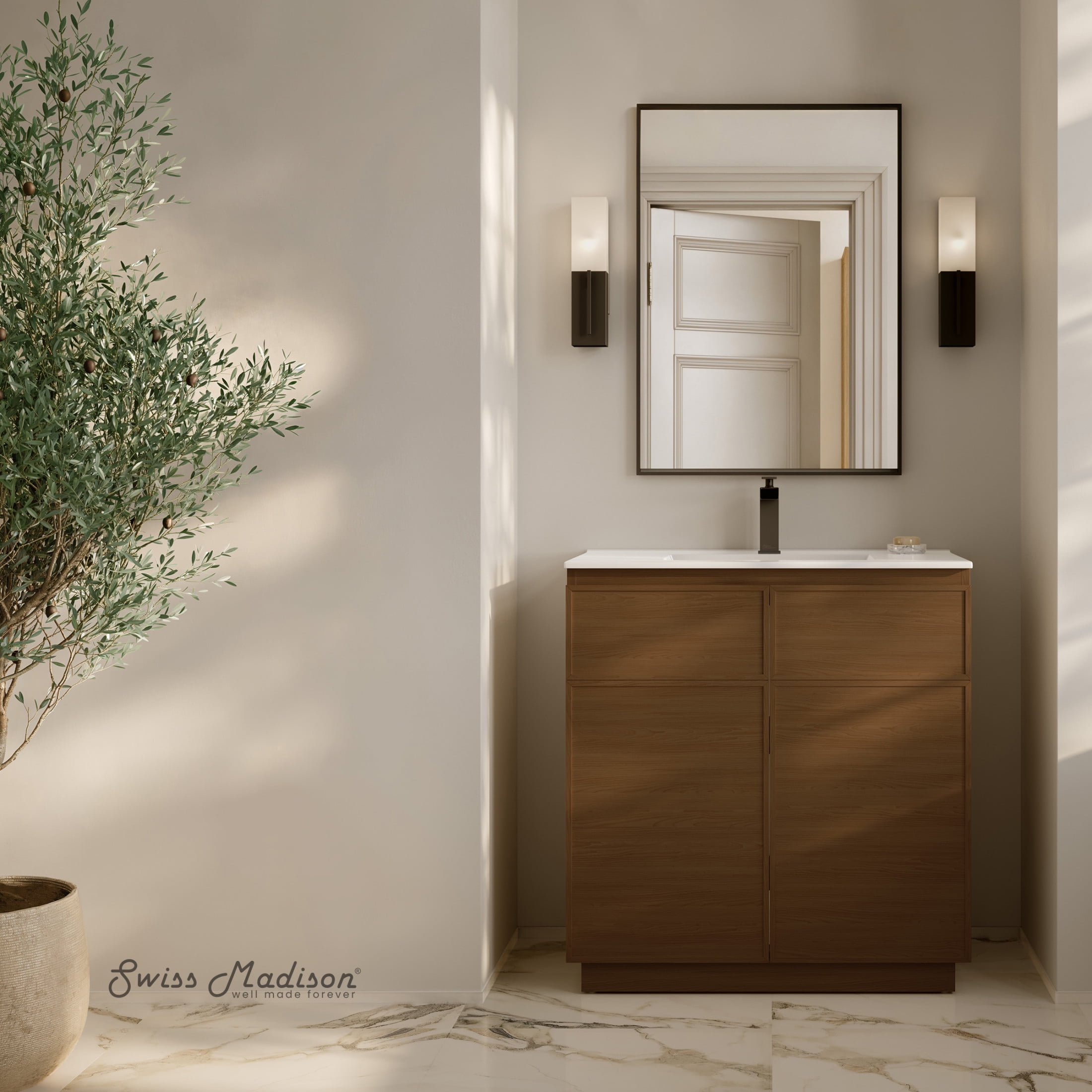 St. Tropez 36" Brown Oak Freestanding Bathroom Vanity with White Sink Top