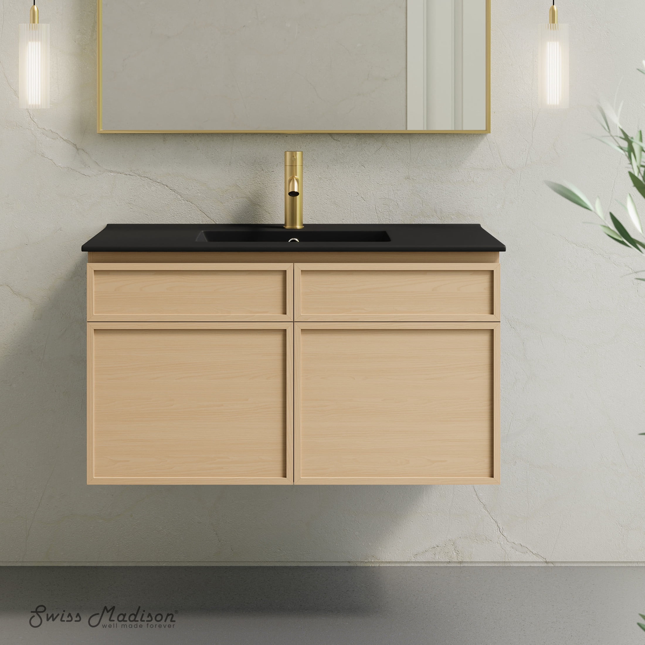 St. Tropez 36" Wall-Mounted Bathroom Vanity in Natural Oak with Black Sink Top