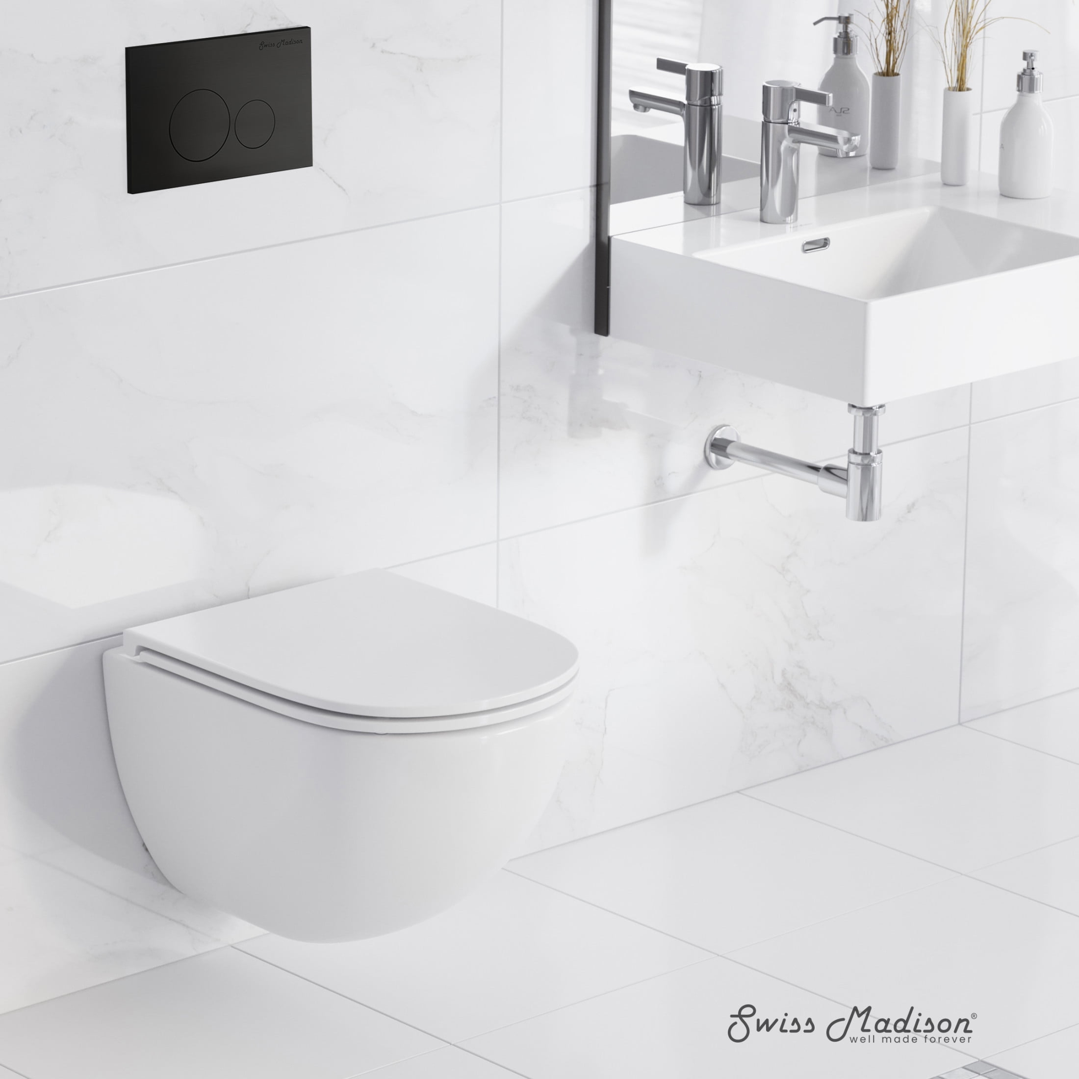 Glossy White Wall Mounted Round Dual Flush Toilet with Black Flush Plate