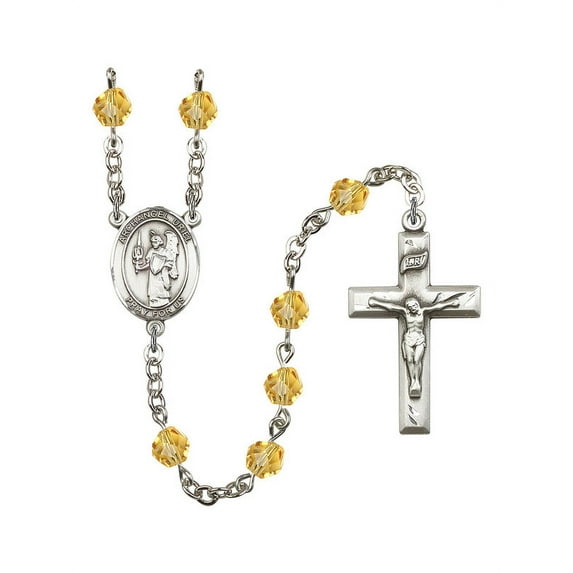 St. Uriel the Archangel Silver-Plated Rosary 6mm November Yellow Fire Polished Beads Crucifix Size 1 3/8 x 3/4 medal charm