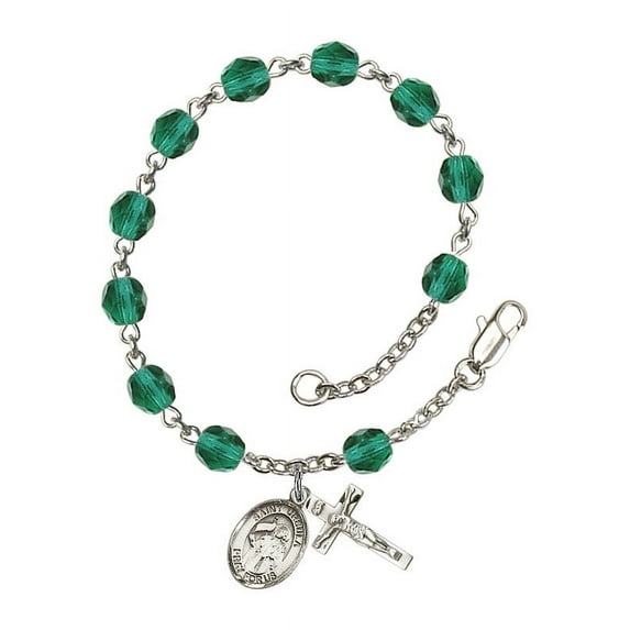 St. Ursula Silver Plate Rosary Bracelet 6mm December Blue Fire Polished Beads Crucifix Size 5/8 x 1/4 medal charm
