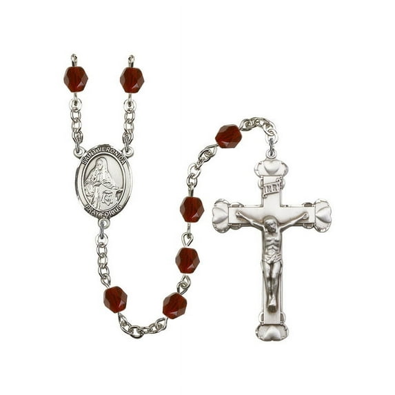 St. Veronica Silver-Plated Rosary 6mm January Red Fire Polished Beads Crucifix Size 1 5/8 x 1 medal charm