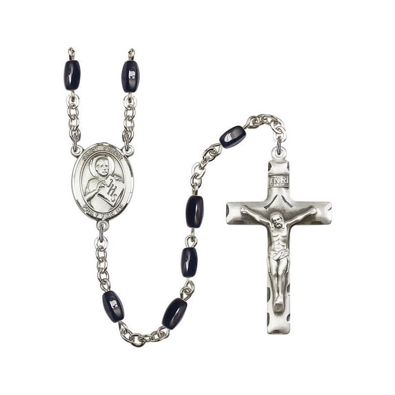 St. Viator of Bergamo Silver-Plated Rosary 8x5mm Black Onyx Beads Crucifix Size 1 3/4 x 1 medal charm