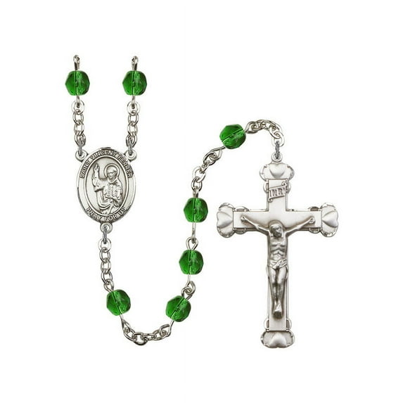 St. Vincent Ferrer Silver-Plated Rosary 6mm May Green Fire Polished Beads Crucifix Size 1 5/8 x 1 medal charm