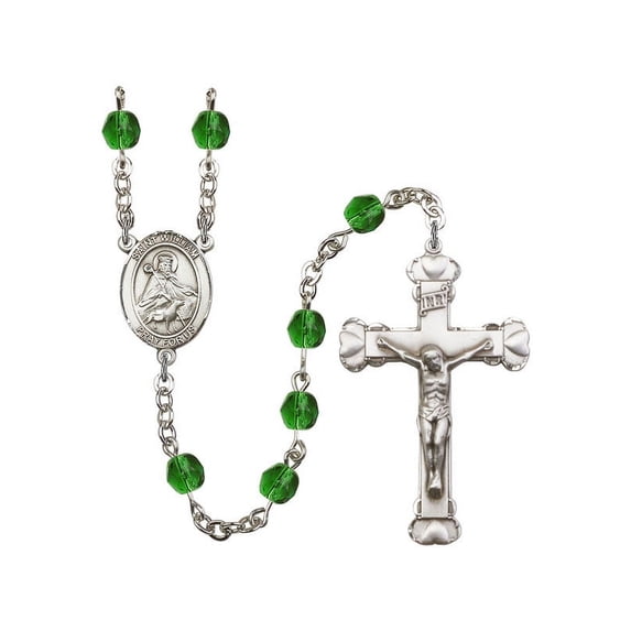 St. William of Rochester Silver-Plated Rosary 6mm May Green Fire Polished Beads Crucifix Size 1 5/8 x 1 medal charm