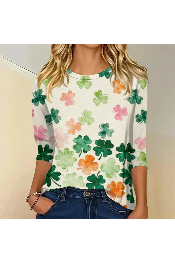 St.patrick Day Plus Size Women T-Shirts 3/4 Length Sleeve Round Neck Bling Glitter Sequin Shamrock Printed Graphic Tees Casual St. Patricks Day Blouse Tops for Irish Themed Gifts