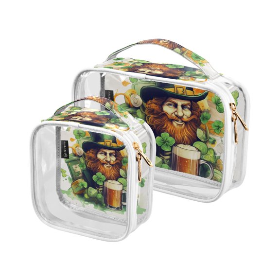 St-patrick's Day Beer Man Clear Cosmetic Bags with Handles PVC Toiletry Bags Zipper Waterproof Portable for Traveling 2 Pcs