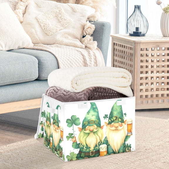 St-patrick's Day Gnomes Leaves Storage Basket Foldable Laundry Basket Shelf Kids Toy Storage Container Organizer with Handles