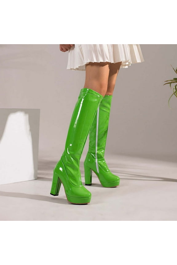 St. patrick's day Gifts POROPL Green Heel Boots for Women Knee High Winter Lace-Up Chunky Knee High Faux Leather High Heel Boots for Lady Size 36(US:4.5)