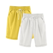 StSilkitty 2 Pack Casual Shorts for Boys Girls Solid Color High Waist Elastic Drawstring Knee Length Shorts with Pocket