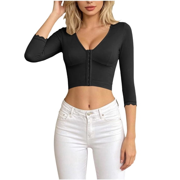 StSilkitty 3/4 Length Sleeve Crop Corset for Women Lace up Overbust Bustier Lightweight Fashion Casual Going out Tops