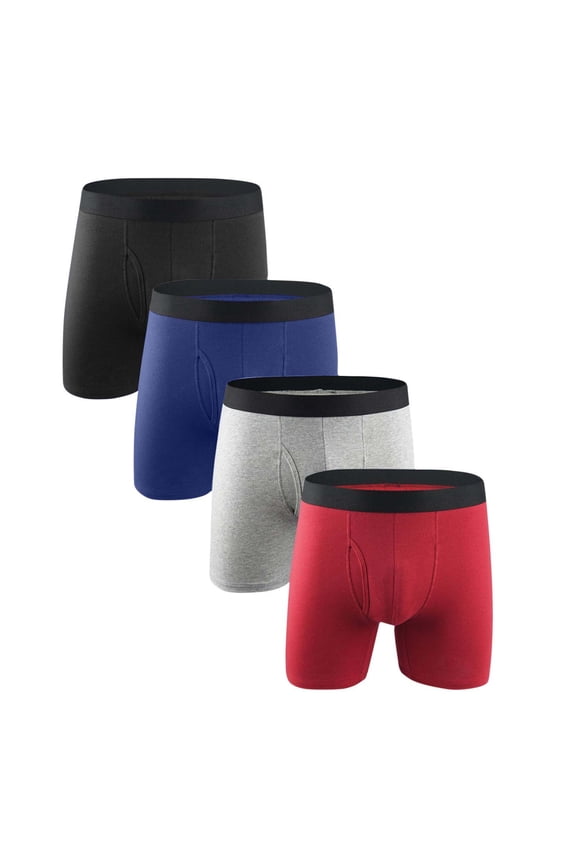 4 Pack Men's Boxer Underwear with Fly,Cotton Soft Breathable Lightweight Briefs Solid Color No Ride-Up Underpants