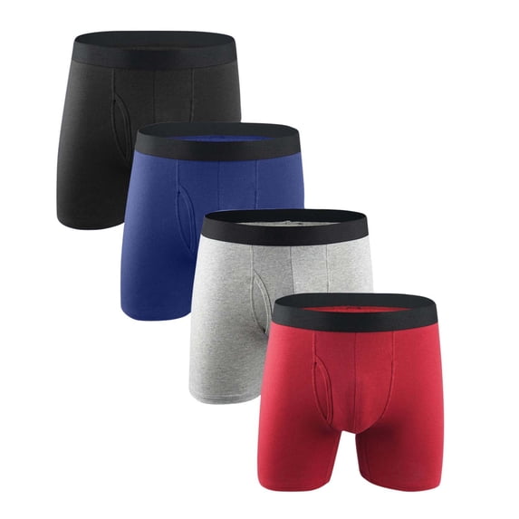 StSilkitty 4 Pack Men's Boxer Underwear with Fly,Cotton Soft Breathable Lightweight Briefs Solid Color No Ride-Up Underpants