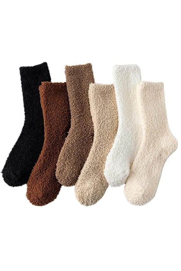 6 Pack Fuzzy Calf Socks for Mens Womens Warm Thermal Crew Socks Winter Solid Color Lightweight Fleece Socks