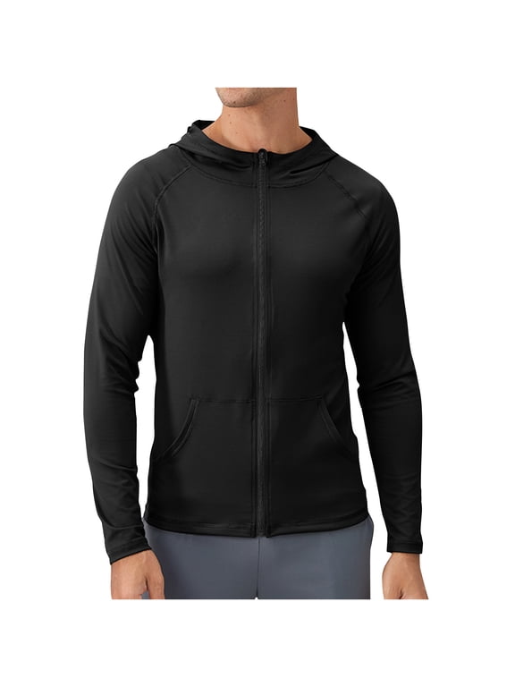 Athletic Jacket for Mens Full Zip Solid Color Long Sleeve Hooded T-Shirts with Pockets Running Workout Jackets