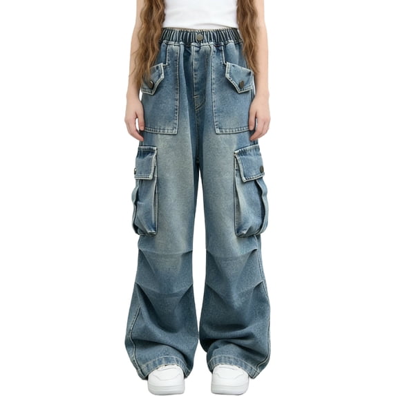 StSilkitty Baggy Cargo Jeans for Girls High Waist Elastic Wide Leg Denim Pants with Multi Pockets Solid Color Soft Casual Trousers