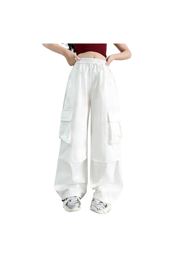 Baggy Cargo Pants for Boys Girls High Waist Elastic Pants Wide Leg with Pockets Solid Color Soft Trousers
