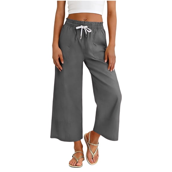 StSilkitty Boys Girls Capris Pants Mid Waist Drawstring Wide Leg Cropped Pants with Pockets Solid Color Casual Capri Trousers