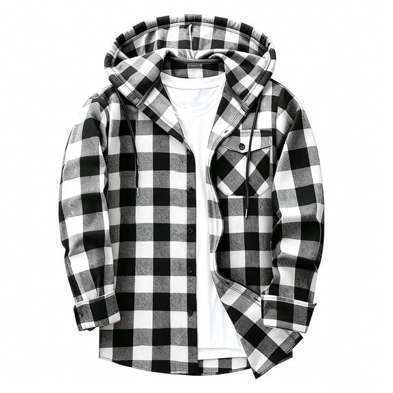 StSilkitty Button down Shirt Jacket for Mens Plaid Long Sleeve Drawstring Front Hooded T-Shirts with Pockets Lightweight Casual Shacket
