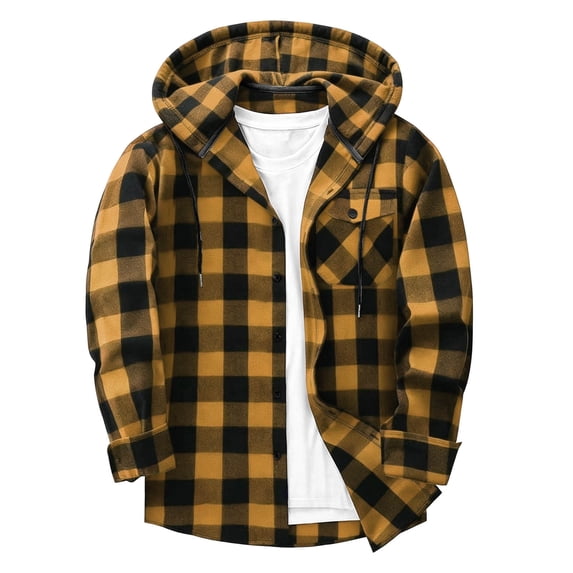 StSilkitty Button down Shirt Jacket for Mens Plaid Long Sleeve Drawstring Front Hooded T-Shirts with Pockets Lightweight Casual Shacket