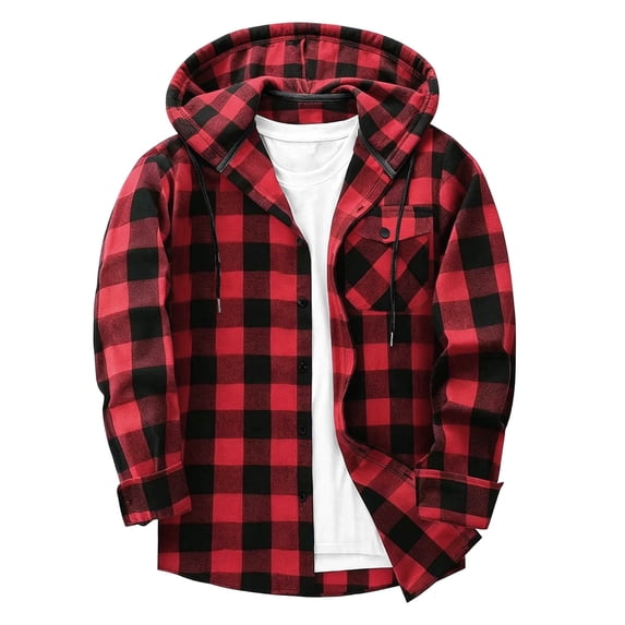 StSilkitty Button down Shirt Jacket for Mens Plaid Long Sleeve Drawstring Front Hooded T-Shirts with Pockets Lightweight Casual Shacket