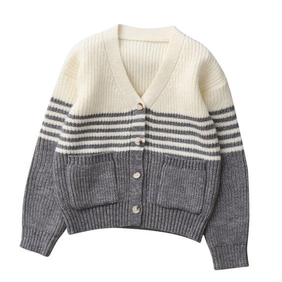 StSilkitty Cardigan Sweater for Boys Girls Striped Long Sleeve V Neck Button down Cardigans Fall Winter Tops with Pockets
