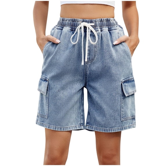 StSilkitty Cargo Denim Shorts for Women High Waist Drawstring Elastic Shorts with Pockets Summer Casual Lightweight Shorts