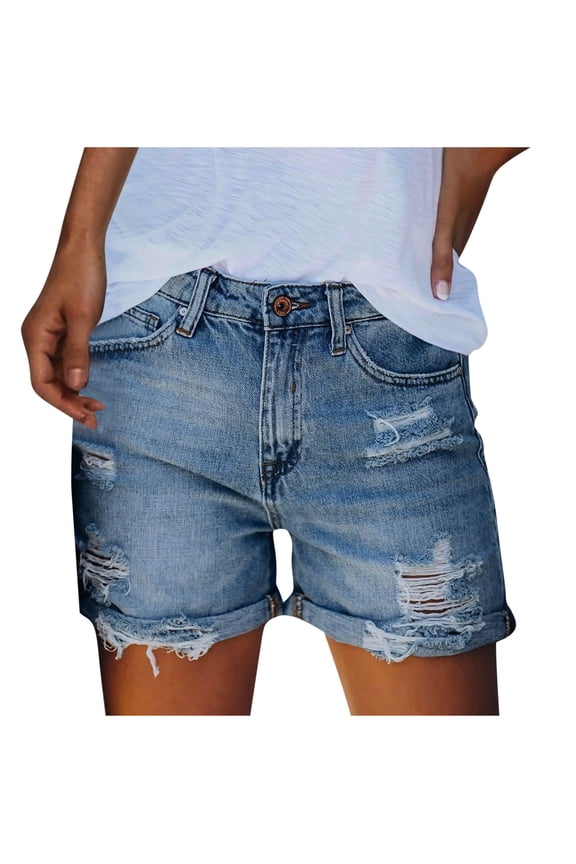 Casual Denim Shorts for Women's High Waist Ripped Cut off Button Shorts Lounge Elastic Shorts with Pockets