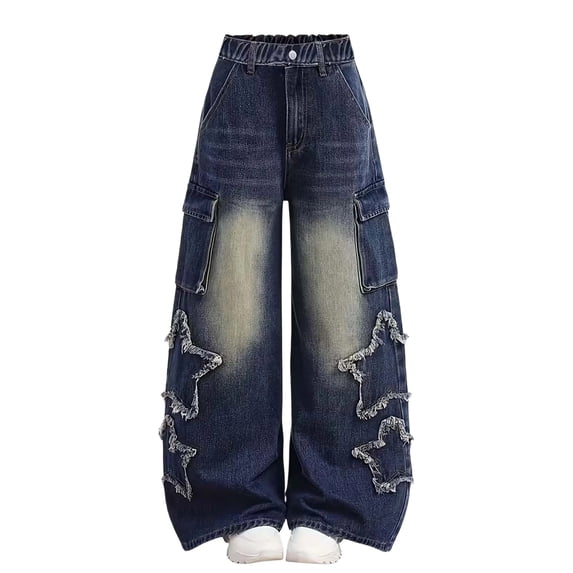 StSilkitty Casual Pants for Girls Star Graphic Elastic Waist Loose Straight Leg Pants Lightweight Soft Trousers with Pockets