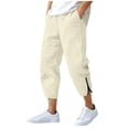 thumbnail image 1 of StSilkitty Cotton Linen Casual Capris for Mens Elastic Waisted Drawstring Side Zip Cropped Pants with Pockets, 1 of 9