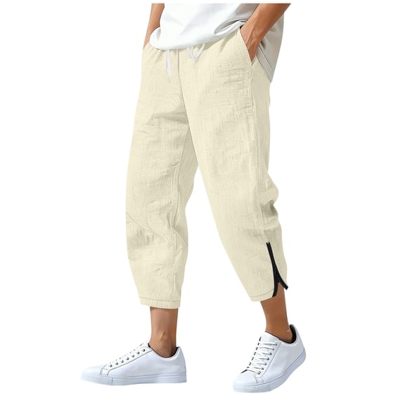 StSilkitty Cotton Linen Casual Capris for Mens Elastic Waisted Drawstring Side Zip Cropped Pants with Pockets