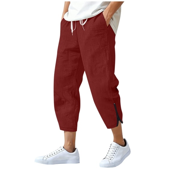 StSilkitty Cotton Linen Casual Capris for Mens Elastic Waisted Drawstring Side Zip Cropped Pants with Pockets