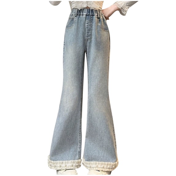 StSilkitty Floral Trim Flare Jeans for Girls High Waist Elastic Bell Bottom Denim Pants with Pockets Lightweight Soft Trousers