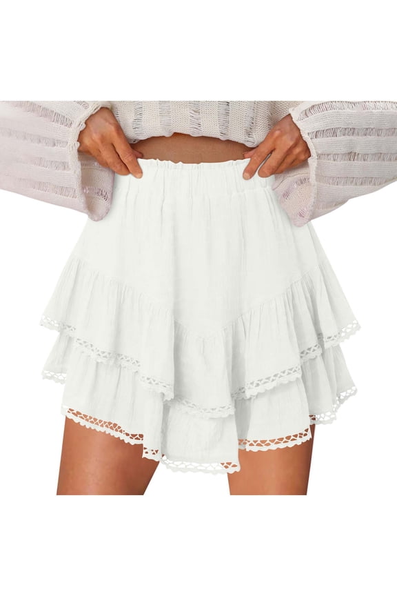 Flowy Skorts for Women Summer Lightweight High Waist Ruffle Solid Color Elastic Lace Tennis Golf Skirts