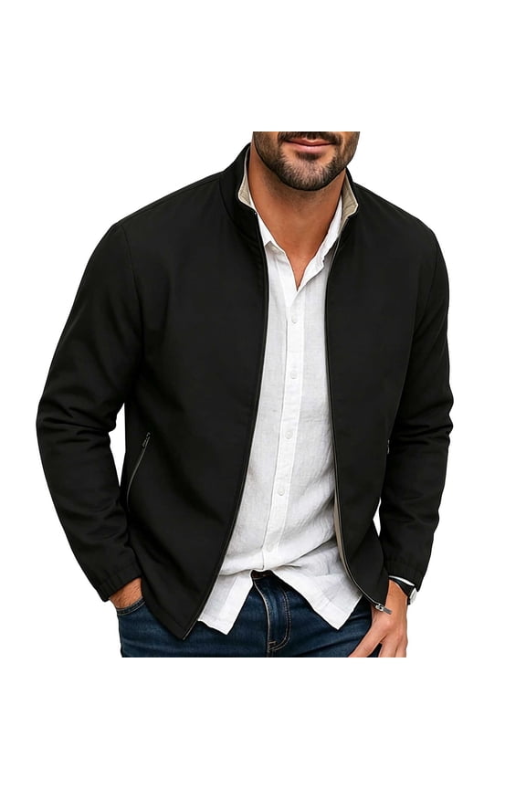 Full Zip Casual Jacket for Mens Solid Color Long Sleeve Band Collar Work Jackets Lightweight Soft Coat with Pockets
